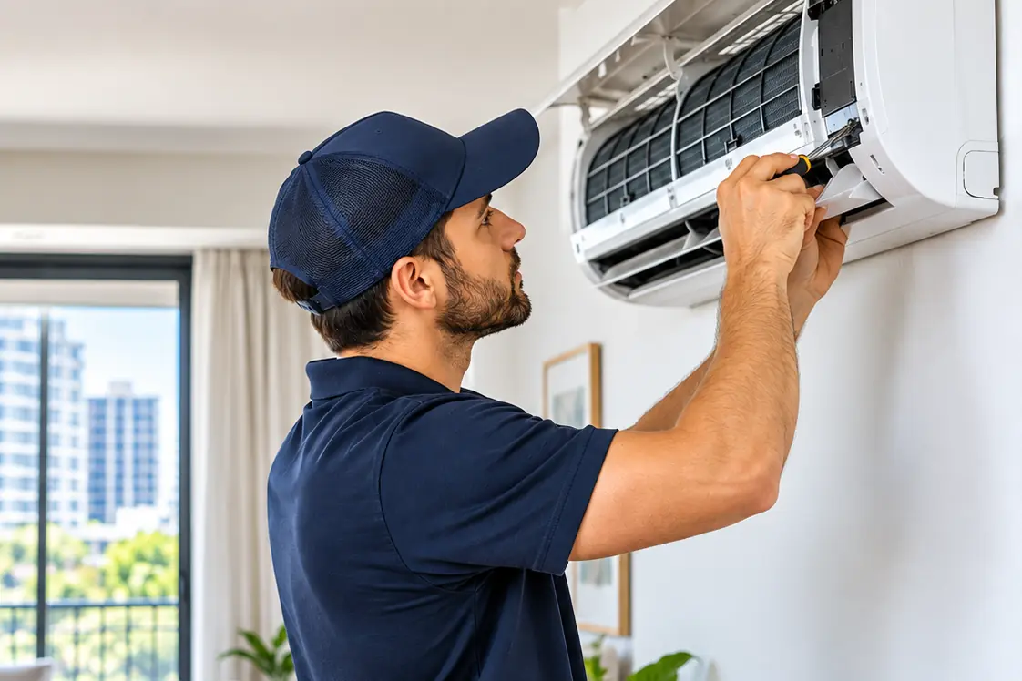A contractor in a navy polo servicing a wall-mounted air conditioner in a bright apartment